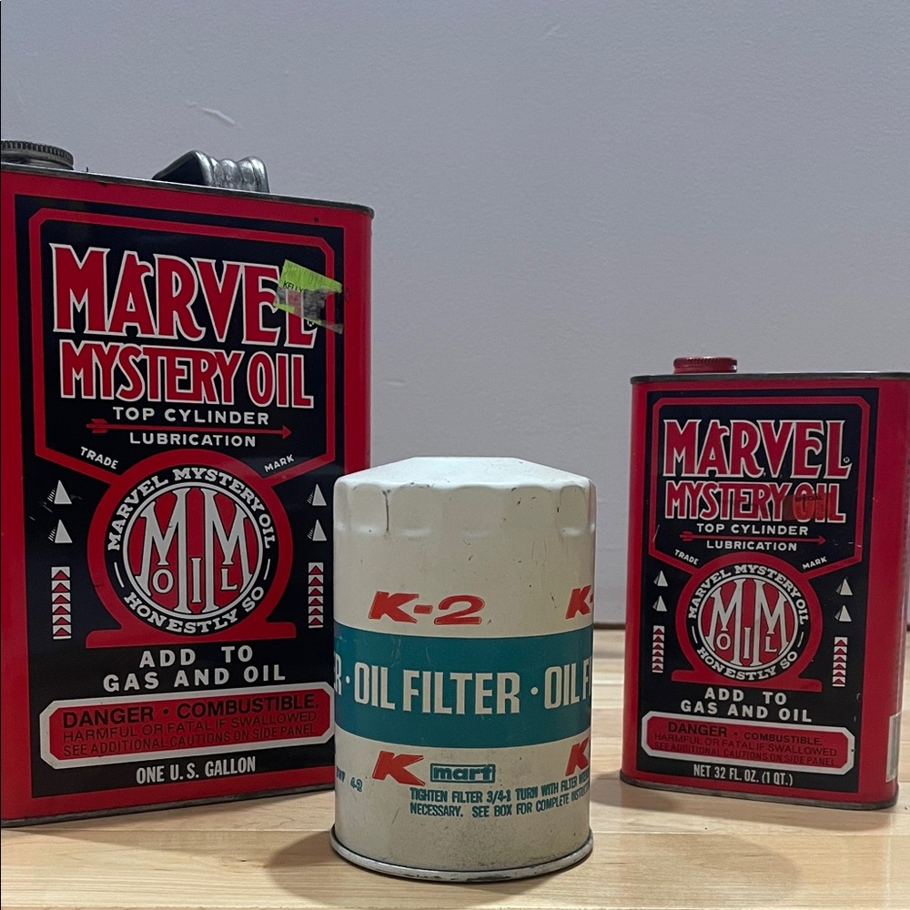 Vintage Two Empty Marvel Mystery Oil Cans ~ Kmart K-2 Oil Filter ~ Garage Decor